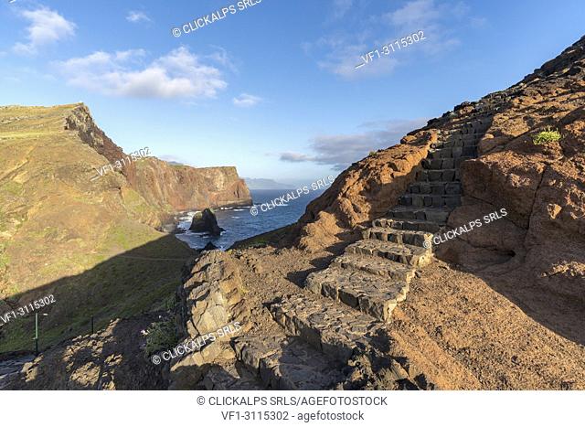 Steps on the trail to Point of Saint Lawrence. Canical, Machico district, Madeira region, Portugal