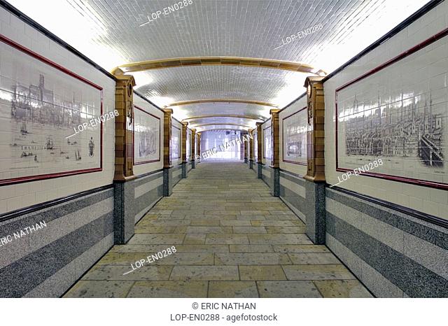 England, London, Southwark, A view along Fruiterers Passage, a pedestrian underpass beneath Southwark Bridge along the Thames River Embankment in London EC4