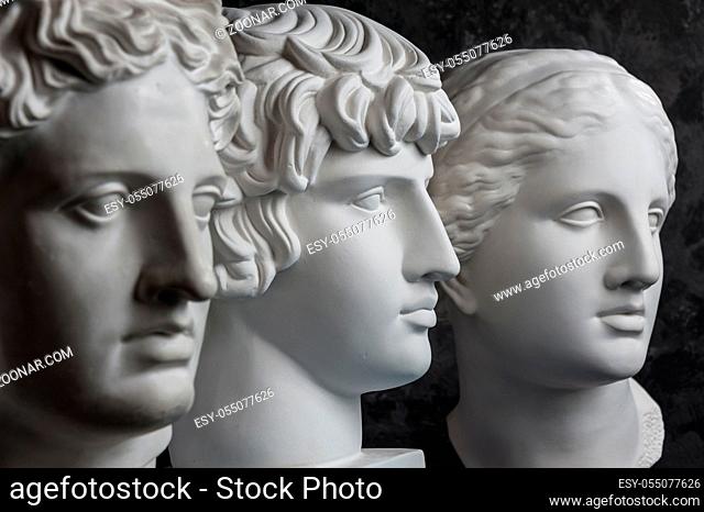 White gypsum copy of ancient statue of Apollo, Antinous and Venus head for artists on a dark textured background. Plaster sculpture of statue face