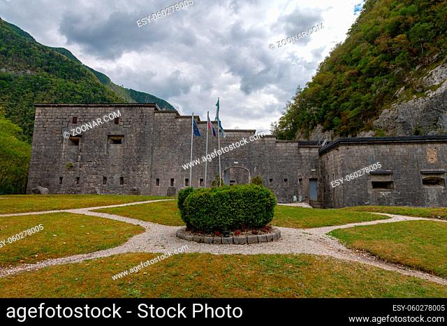 Fortress Kluze - Flitscher Klause near Bovec, Slovenia, built in 1881 and protecting a mountain pass in Alps, during World War I it was Headquarter of...