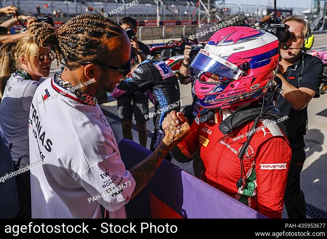 #44 Lewis Hamilton (GBR, Mercedes-AMG Petronas F1 Team) congratulates Marta Garcia (GBR, PREMA Racing) on winning the 2023 F1 Academy Series ahead the F1 Grand...