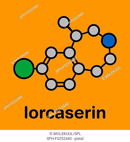 Lorcaserin obesity drug molecule. Stylized skeletal formula (chemical structure). Atoms are shown as color-coded circles with thick black outlines and bonds:...