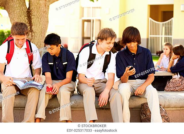Male High School Students Using Mobile Phones On School Campus