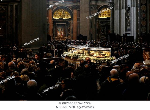 The ostension of the shrine of Saint Leopold Mandic and Pio of Pietrelcina (Francesco Forgione)'s relics in the nave of Saint Peter's Basilica during the Padre...