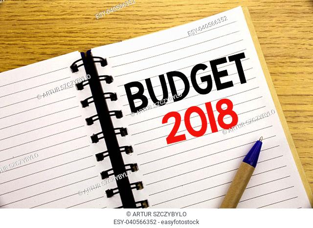 Word, writing Budget 2018. Business concept for Household budgeting accounting planning written on notepad with space on old wood wooden background with pen...