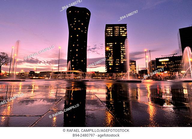 Mobile World Congress area. Fira de Barcelona. Europa square. Hospitalet de Llobregat. Porta Fira hotel and Realia tower by architect Toyo Ito