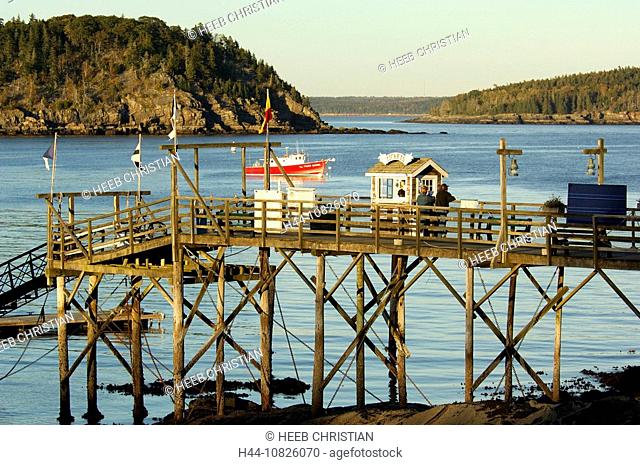 pier, jett, footbridge, stilts, coast, sea, Frenchman Bay, bar Harbor, Mount Desert Island, Maine, USA, America, Unite
