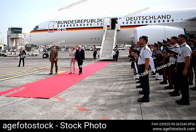 20 September 2023, Italy, Catania: German President Frank-Walter Steinmeier and his wife Elke Büdenbender are received at Catania-Fontanarossa Airport Vincenzo...