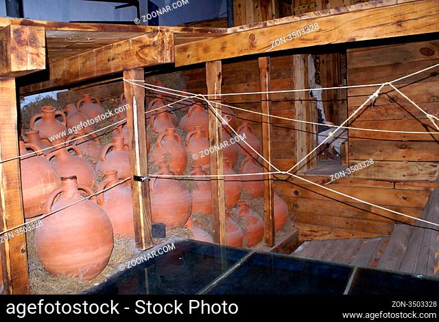 Amphoras and wooden ship in Bodrum, Turkey
