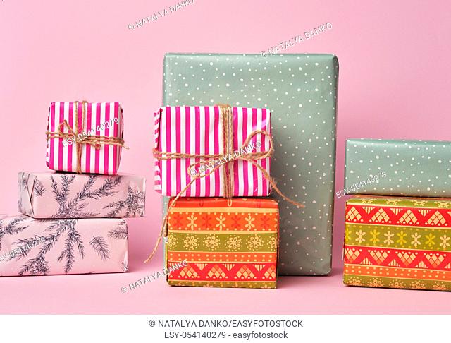 stack of colored paper wrapped gift boxes. great design for any purposes
