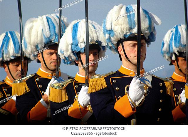 Italy, Emilia Romagna, San Marino Republic, soldiers in high uniform during the 1st October Capitani Reggenti’s Ruling Captains parade