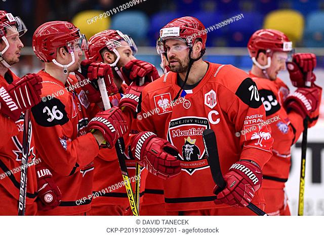 L-R Daniel Rakos, Lukas Vopelka, Radim Salda, Radek Smolenak (all Hradec) are seen after the Ice Hockey Champions League playoff 4th quarterfinal game: Hradec...