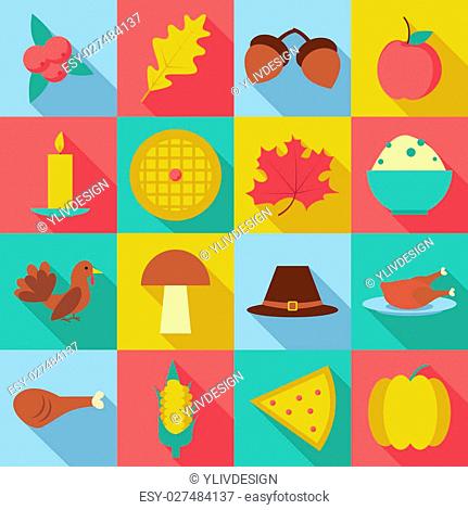 Thanksgiving Day Autumn icons set. Flat illustration of 16 Thanksgiving Day autumn icons for web