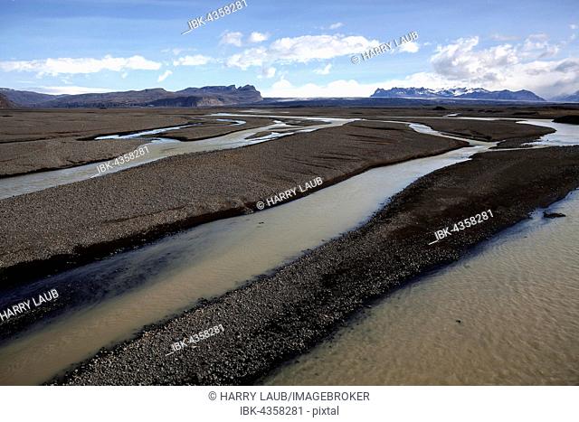 Glacial runoff permeate the volcanic sand plain Skeidararsandur, Southern Region, Iceland