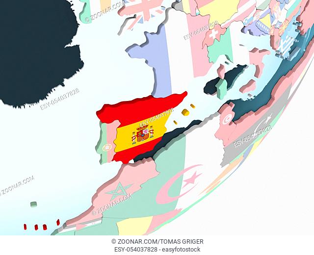 Spain on bright political globe with embedded flag. 3D illustration