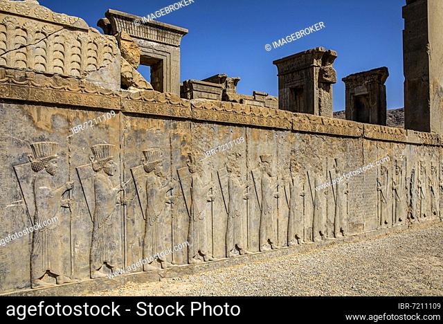 Persian guards on the west steps of Darius Palace, Persepolis, Persepolis, Iran, Asia