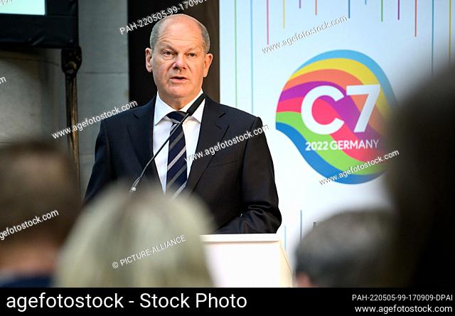 05 May 2022, Berlin: German Chancellor Olaf Scholz (SPD) speaks at the international ""C7"" conference before being presented with a communiqué containing...