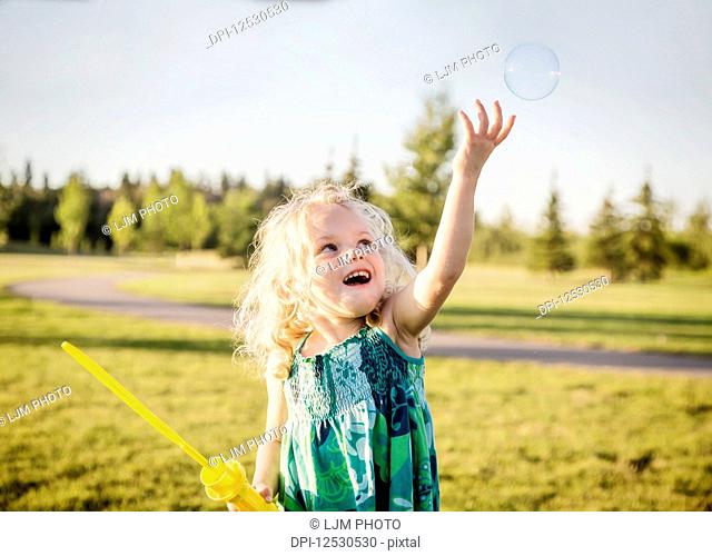 A cute young girl with blond hair blowing a bubble and trying to catch it in a park on a warm fall day; Spruce