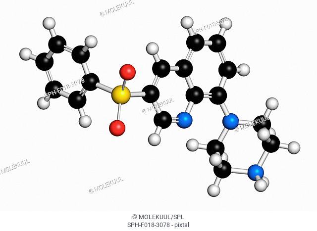 Intepirdine Alzheimer's disease drug molecule. 3D rendering. Atoms are represented as spheres with conventional colour coding: hydrogen (white), carbon (black)