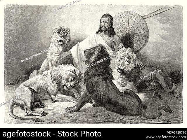 Tewodros II. Tewodros holding audience surrounded by lions. Theodore II c 1818 to 1868, Emperor of Ethiopia. Old 19th century engraved