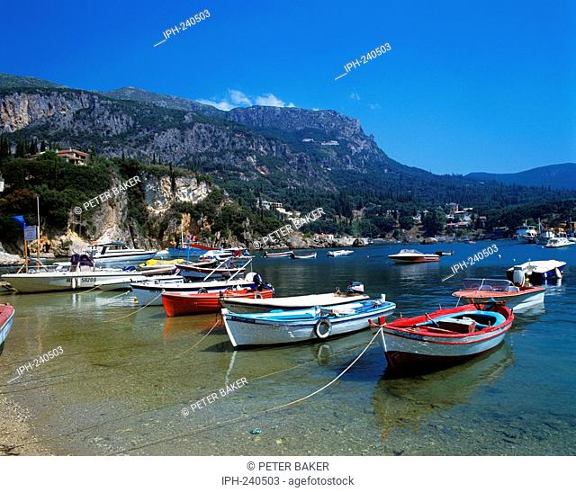 Boats in the harbour at the west coast resort of Paleokastritsa
