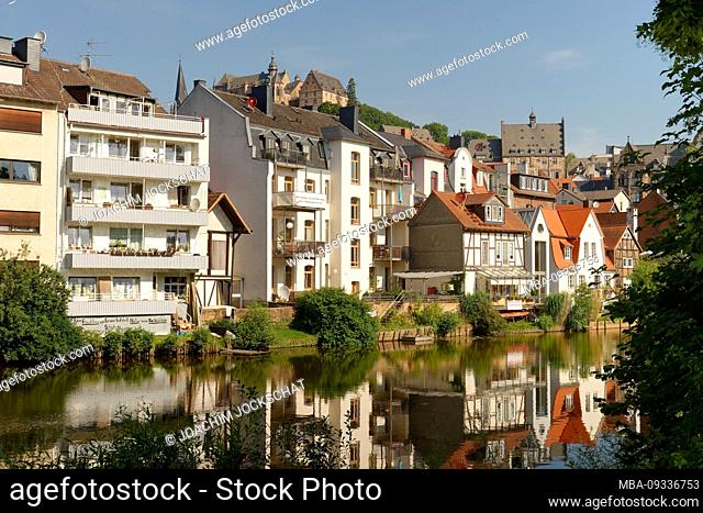 Lahn overlooking the old town and the Landgrafenschloss, Marburg, Hesse, Germany