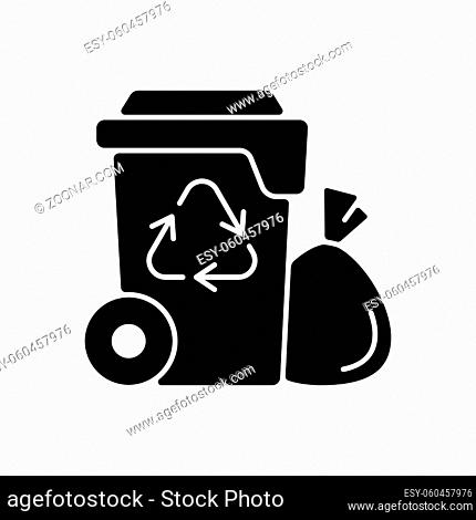 Residential waste collection black glyph icon. Garbage pickup from home. Household waste. Residential services. Disposing solid refuse