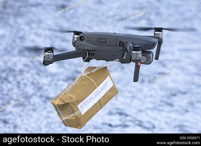 Stockholm, Sweden A drone flies with a package that says special delivery