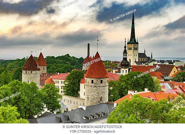 View over Tallinn to the city wall and the St. Olavs Church (Oleviste kirik). The church was built in Gothic style and is located in the northern part of the...