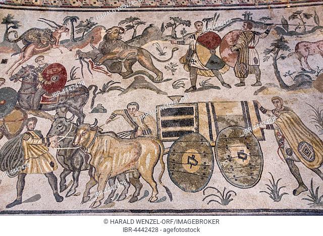 Ancient roman floor mosaic, passage of the large hunt, the little hunt mosaic, Villa Romana del Casale, UNESCO World Heritage Site, Piazza Armerina