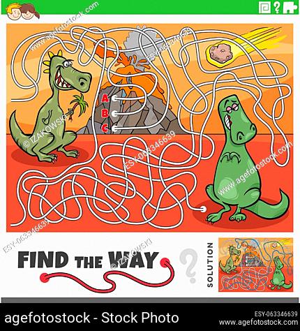 Cartoon illustration of find the way maze puzzle game with prehistoric dinosaurs characters