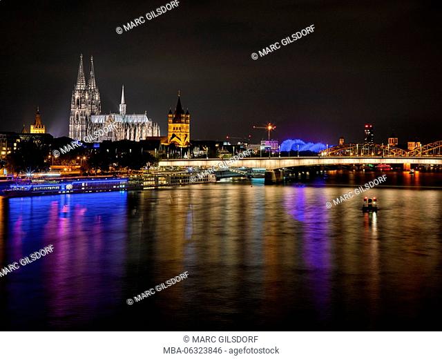 Cologne Cathedral, Great Saint Martin Church, the Rhine, in the evening, dusk