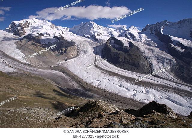 View on the Valais Alps from the Gornergrat mountain ridge, Zermatt, Switzerland, Europe