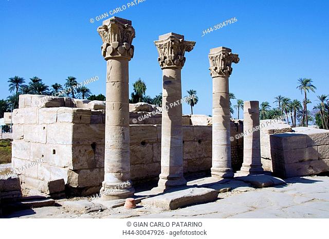 Dendera Egypt, ptolemaic temple dedicated to the goddess Hathor. Columns in the courtyard