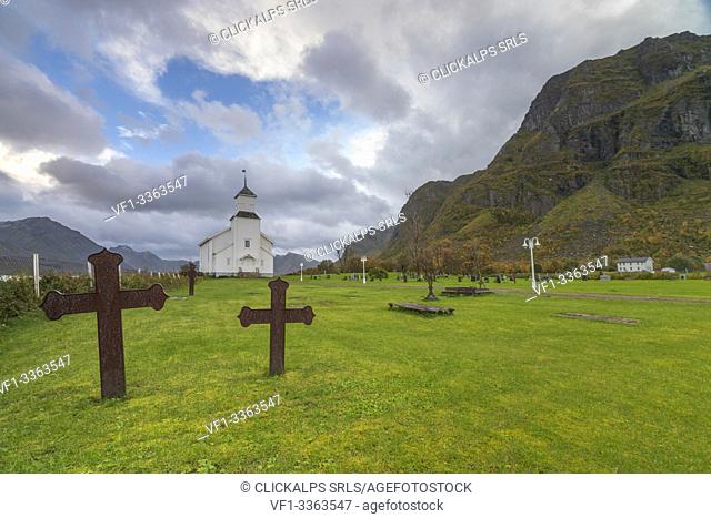 Church and cemetery of Gimsoy, Nordland county, Lofoten Islands, Norway