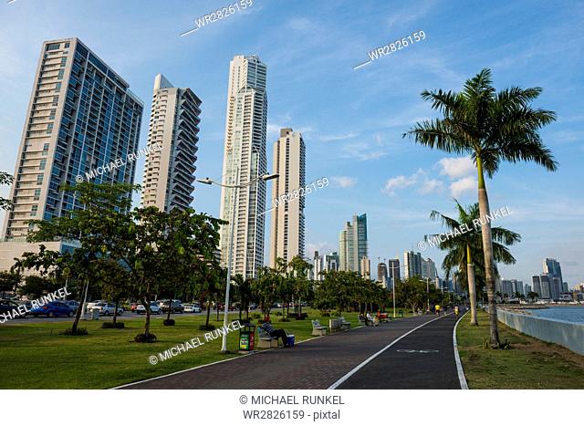 Walkway and the skyline of Panama City, Panama, Central America