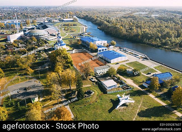 Pinsk, Brest Region Of Belarus, In The Polesia Region. Pinsk Cityscape Skyline In Autumn Day. Bird's-eye View Of City Park With Military Aircraft And Warfare