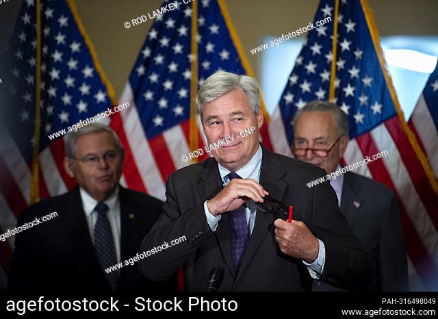 United States Senator Sheldon Whitehouse (Democrat of Rhode Island) offers remarks during the Senate Democrat€™s policy luncheon press conference at the US...