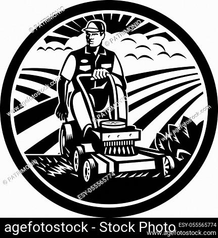 Illustration of a Landscaper gardener riding on a vintage ride-on lawn mower set inside circle with field farm clouds sunburst in the background done in retro...