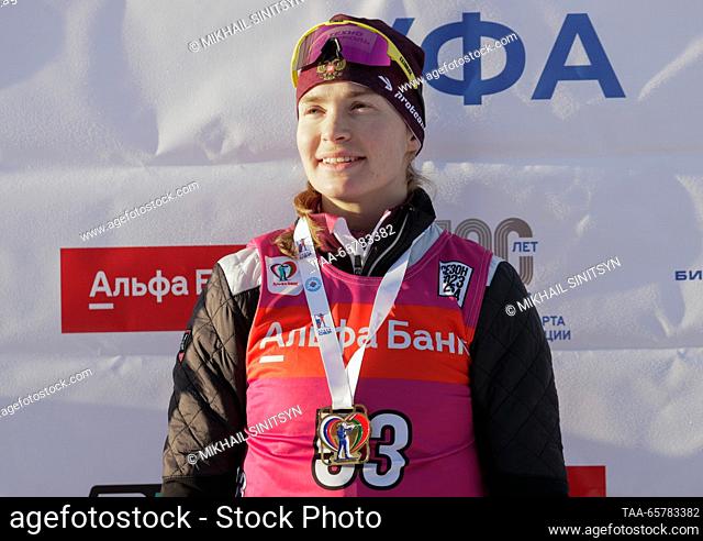 RUSSIA, UFA - DECEMBER 15, 2023: Gold medal winner Tamara Derbusheva is seen during the victory ceremony for the ladies' sprint in Stage 2 of the 2023/2024...