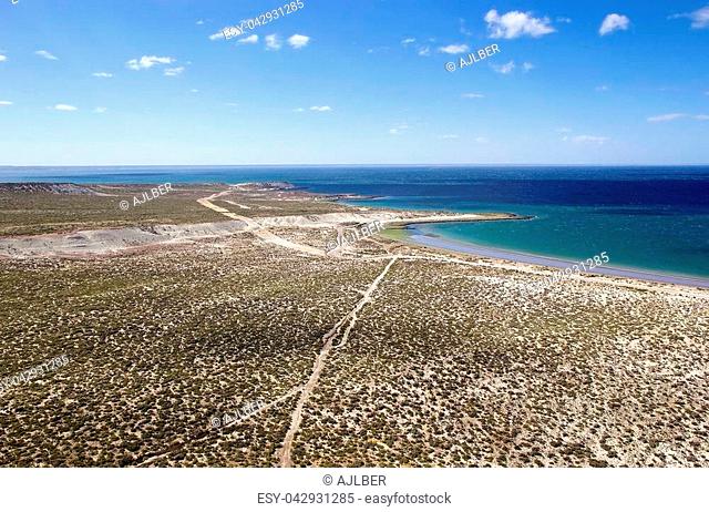 Landscape from the hill on the beach after Punta Loma near Puerto Madryn, a city in Chubut Province In Patagonia, Argentina