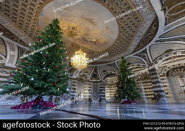 09 December 2022, Brandenburg, Potsdam: Two festively decorated Christmas trees stand in the Grotto Hall of the New Palace