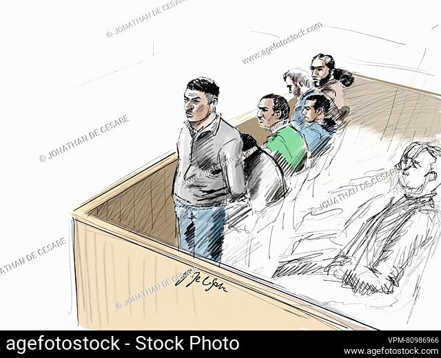 This drawing by Jonathan De Cesare shows accused Omar Hassani during a session at the assizes trial of thirteen men, before the Assizes Court of Limburg...