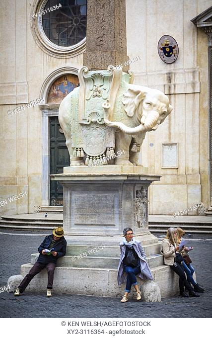Rome, Italy. Piazza della Minerva. The 17th century sculpture of the elephant by Bernini's pupil Ercole Ferrata supports a 6th century BC Egyptian obelisk