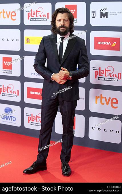 Alvaro Morte attends to Red Carpet of Platino Awards 2021 photocall on October 3, 2021 in Madrid, Spain