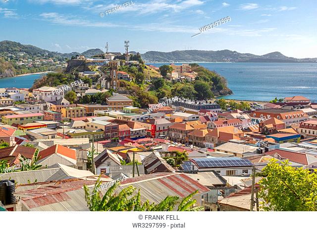 View of St. Georges town and Caribbean Sea, St. George's, Grenada, Windward Islands, West Indies, Caribbean, Central America