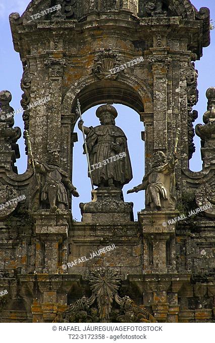 Santiago de Compostela (Spain). Santiago Apostol in Obradoiro facade of the Cathedral of Santiago de Compostela