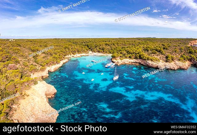 Spain, Balearic Islands, Menorca, Boats in Cala Turqueta bay