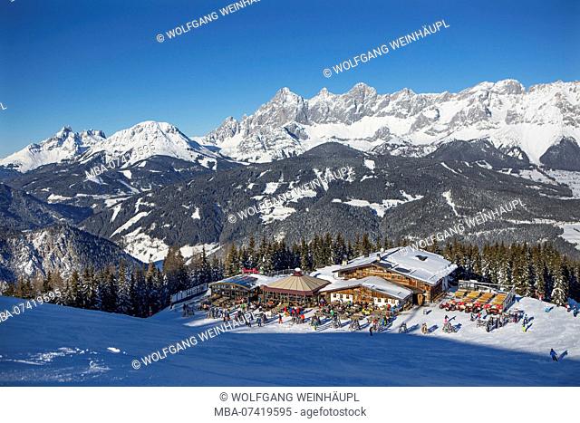Austria, Styria, Liezen district, Schladming, Gleiming, Reiteralm, Reiteralm ski area, Hochalm, view of the Dachstein massif