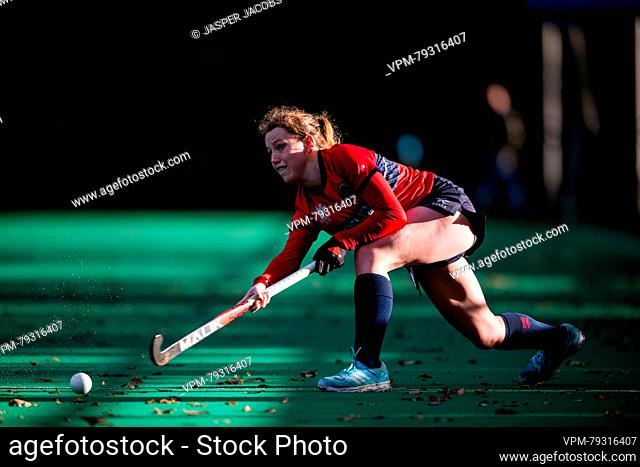 Dragons' Ophelie Marien fight for the ball during a hockey game between KHC Dragons and Royal Racing club de Bruxelles, on day 11 for the Belgian Women Hockey...